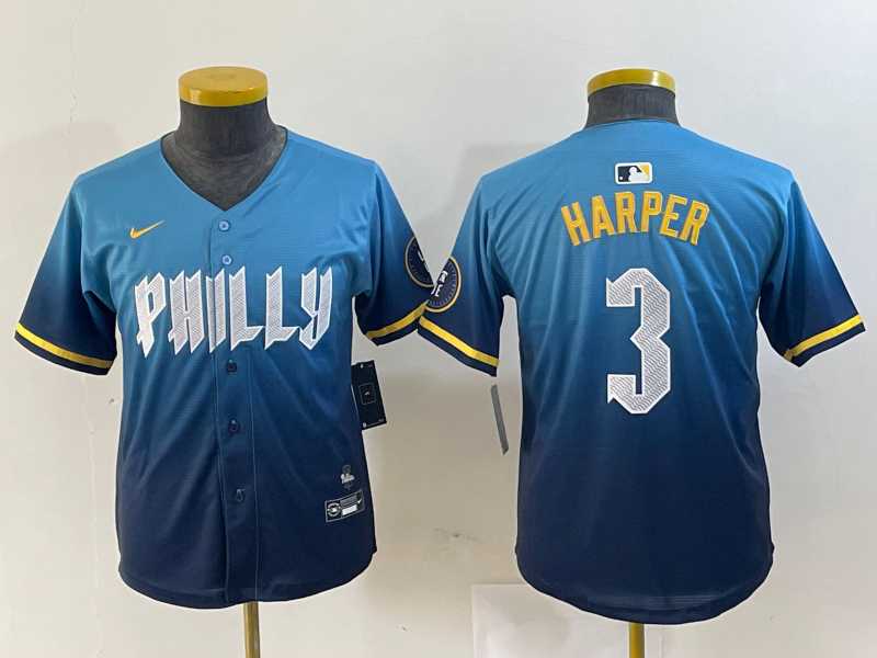 Youth Philadelphia Phillies #3 Bryce Harper Blue 2024 City Connect Limited Stitched Jersey->mlb youth jerseys->MLB Jersey